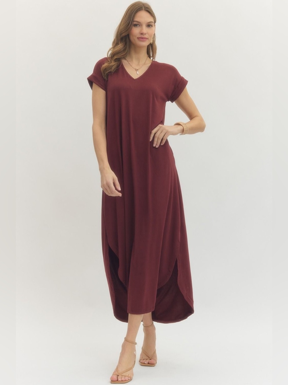 🆕 Entro Solid jersey knit V-neck round hem maxi dress - Picture 1 of 7